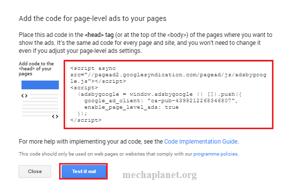 Place the ad code on your site to implement the page level ads
