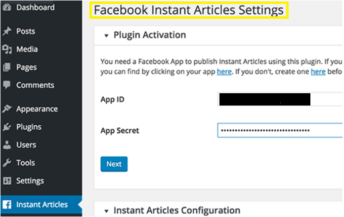 Facebook instant article setting