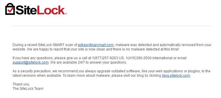 message send by sitelock that malware was deleted and removed from your site