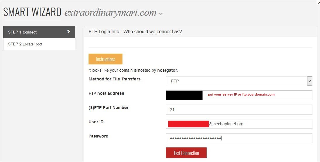put your FTP account details to access the site directory