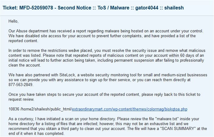 second notice reporting malware code installed into my directory