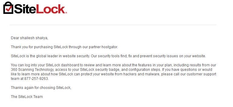 sitelock welcome email