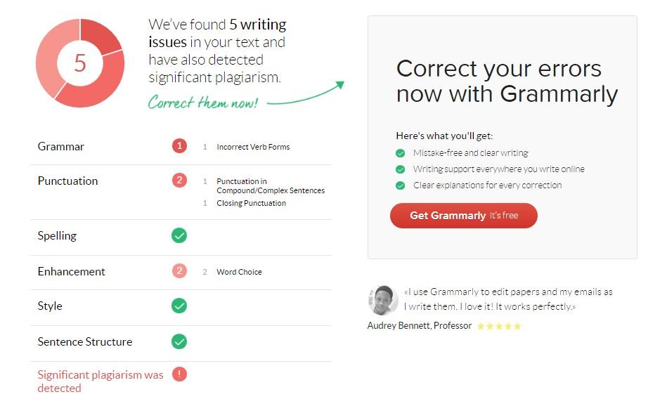 Report of Grammarly punctuation checker tool