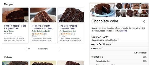 Google search results for “chocolate cake”
