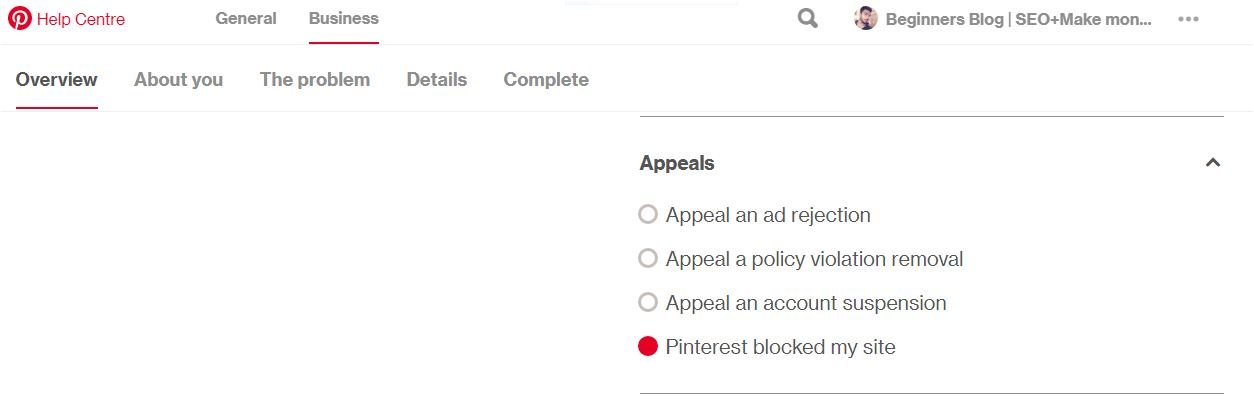How to appeal an blocked account on Pinterest