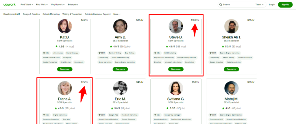 Upwork SEM freelancers per hour rate.png